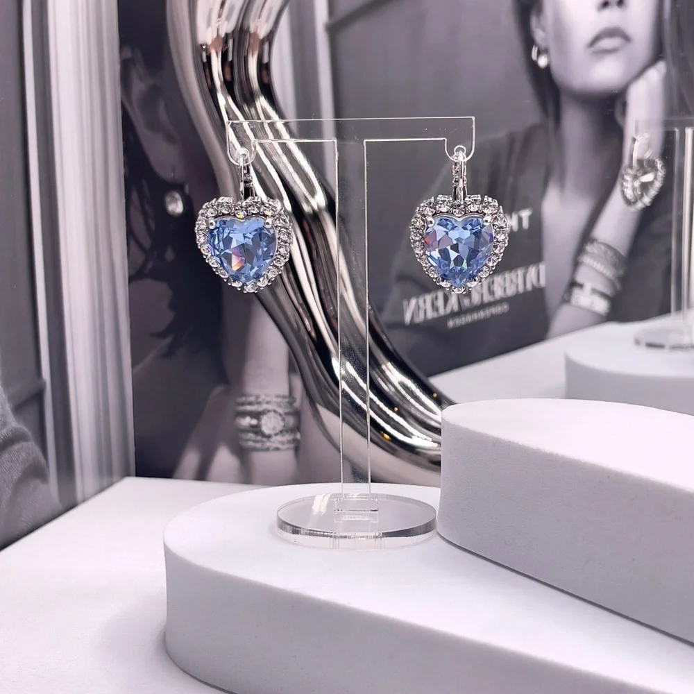 Light Blue Heart And Clear Crystals Silver Earrings, Sterling Silver Plated - Picture 5 of 5